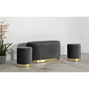 Set Panca Contenitore con 2 Pouf in Velluto Grigio Oro Camera Salotto 2