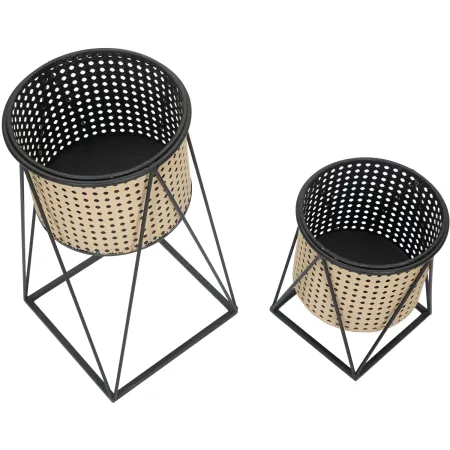 Set 2 Portavasi da Pavimento Metallo Beige Nero Piedistallo Removibile