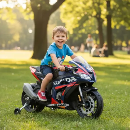 Moto Elettrica per Bambini Honda 12V Blu con Rotelle Laterali Luci LED