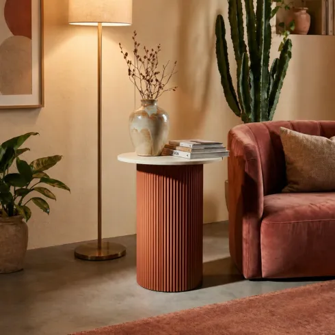 Tavolino da Caffè 53 cm Metallo Piano MDF Marmo Sintetico Rosso Bianco