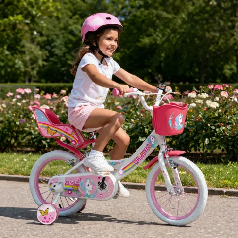 Bicicletta per Bambini 14" Rosa Unicorno Rotelle Removibili Cestino