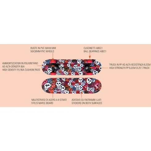 Skateboard 60x15 Scheletri Multistrato Acero 9 Strati Ruote Rosse PVC