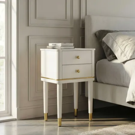 Comodino Camera da Letto 2 Cassetti in Legno Ferro Bianco Oro
