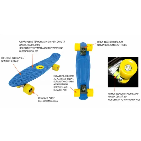 Skateboard 57x15 Azzurro con Cuscinetti ABEC7 in Polipropilene
