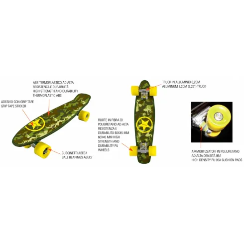 Skateboard 57x15 Verde Militare ABS Termoplastico con Cuscinetti ABEC7