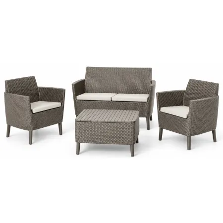 Salottino da Giardino 4 Posti Rattan Cappuccino con Cuscini e Tavolo