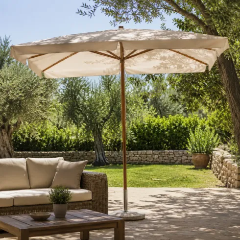 Ombrellone Legno 3x3 Ecru Palo Centrale Quadrato Esterno Antivento Giardino | Bricoshop24