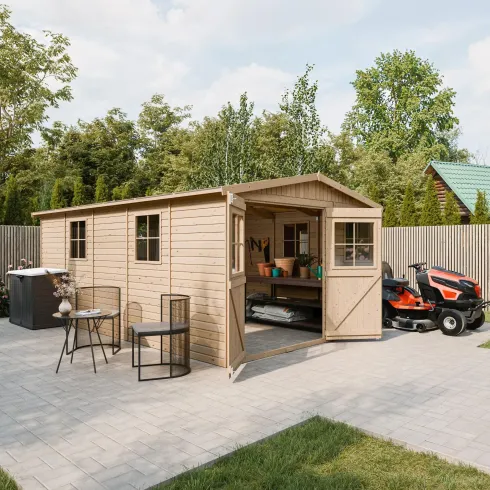 Casetta da Giardino 3x5 m in Legno 17 mm Porte Doppie Finestre 15 m2