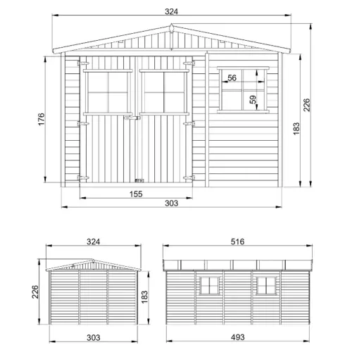 Casetta da Giardino 3x5 m Legno 17 mm Pavimento Porte Finestre 15 m2