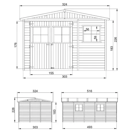 Casetta da Giardino 3x5 m Legno 17 mm Pavimento Porte Finestre 15 m2