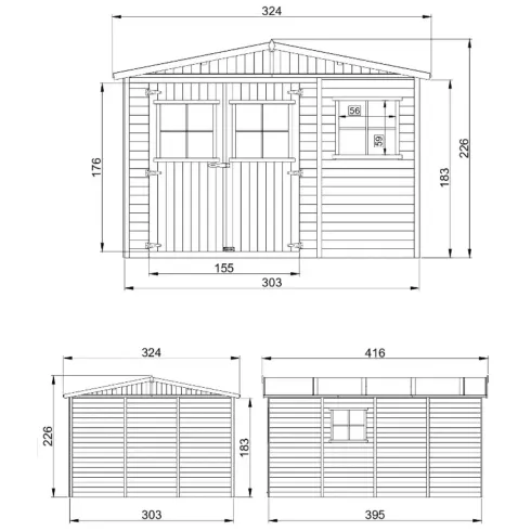 Casetta da Giardino 3x4 m Legno 17 mm Tetto OSB Doppia Porta Finestre
