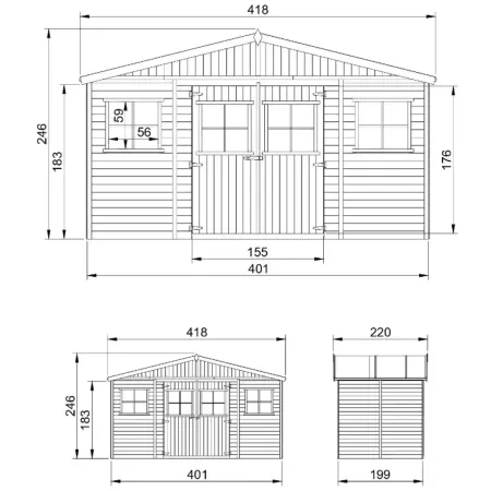 Casetta da Giardino 4x2 m Legno 17 mm Tetto OSB Doppia Porta Finestre