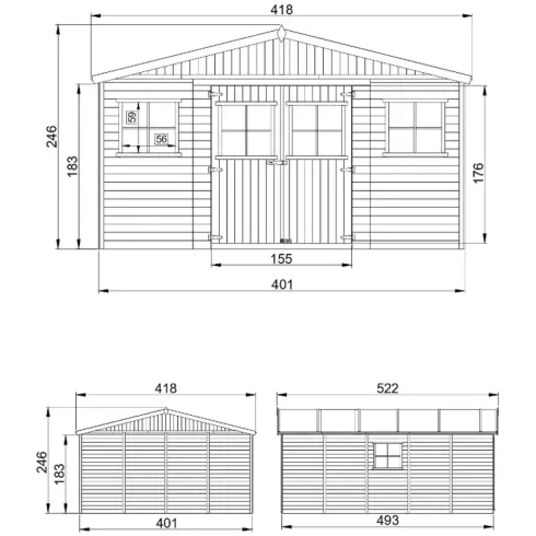 Casetta in Legno Giardino 4x5 17 mm Pavimento Porte Doppie Finestre