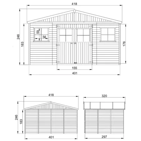 Casetta in Legno Giardino 4x3 17 mm Pavimento Porte Doppie Finestre