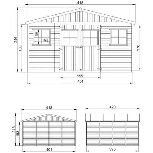 Casetta in Legno Giardino 4x4 17 mm Tetto OSB Porte Doppie Finestre