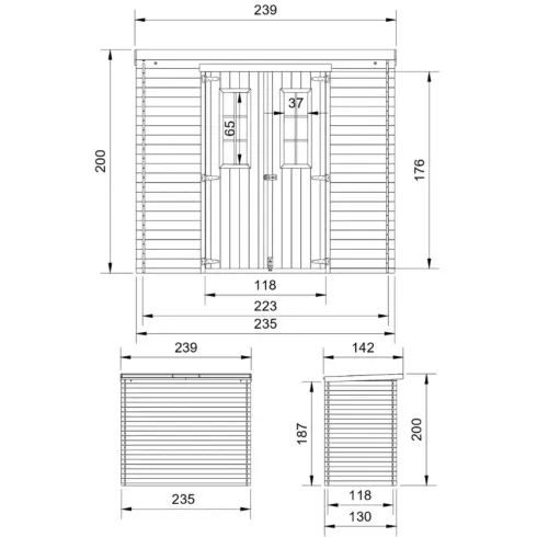 Casetta da Giardino 235x130 Legno 19 mm Pavimento Doppia Porta 3 m2