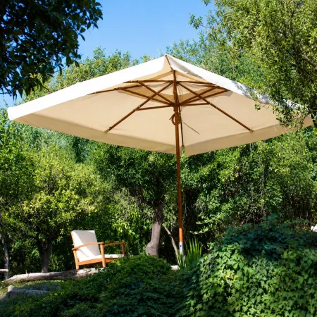 Ombrellone in Legno 3x3 Palo Centrale Telo Ecru Idrorepellente Quadrato Giardino | BricoShop24