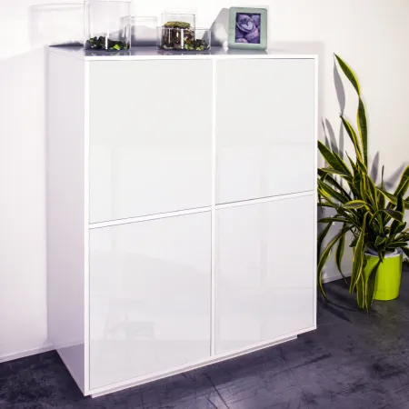 Credenza Alta da Soggiorno 100 cm Bianco Laccato Lucido 4 Ante 6 Vani