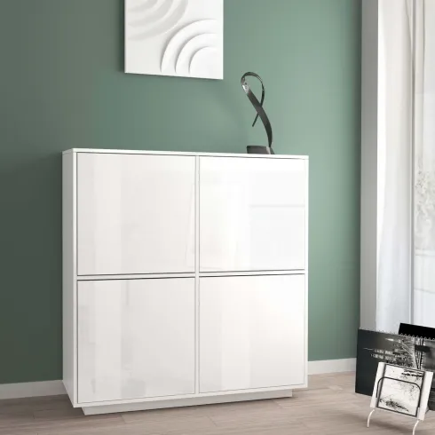 Credenza Alta da Soggiorno 100 cm Bianco Laccato Lucido 4 Ante 6 Vani