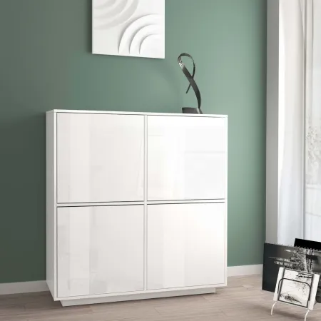 Credenza Alta da Soggiorno 100 cm Bianco Laccato Lucido 4 Ante 6 Vani