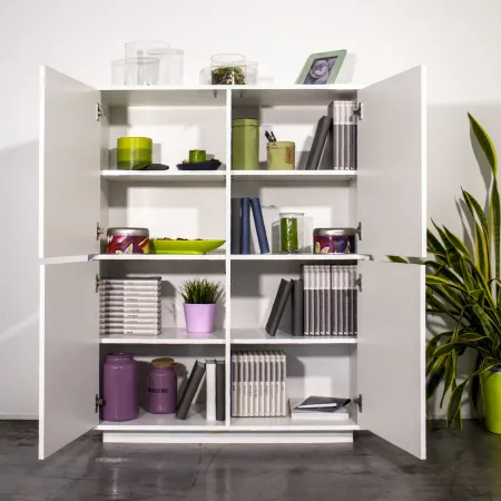 Credenza Alta da Soggiorno 100 cm Bianco Laccato Lucido 4 Ante 6 Vani