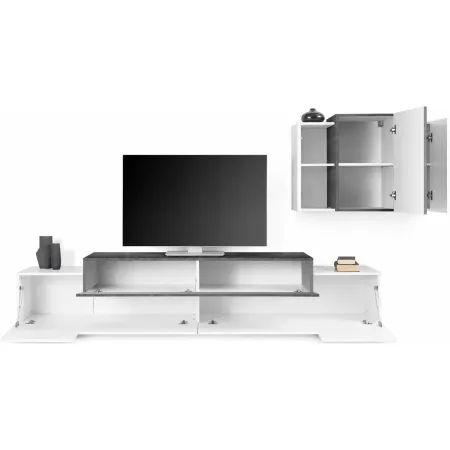 Mobile TV da Terra 240 cm con Pensile in Legno Bianco Lucido Report