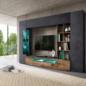 Parete da Soggiorno Mobile TV Vetrina Pensili 290 cm Ardesia Acero