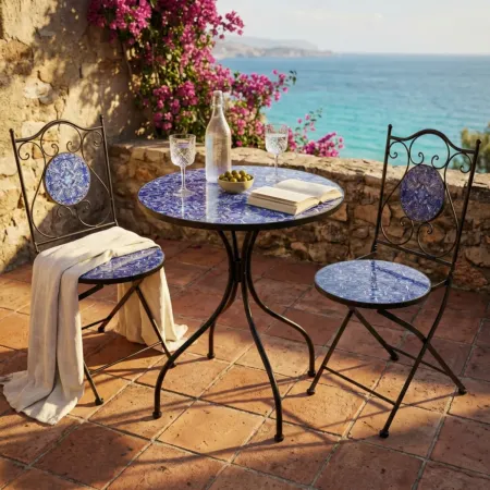 Set Tavolo 60x60 2 Sedie Pieghevoli da Esterno Ceramica Fantasia Blu