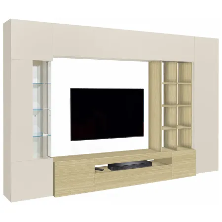 Parete Soggiorno Attrezzata Porta TV Vetrina Libreria Beige Rovere