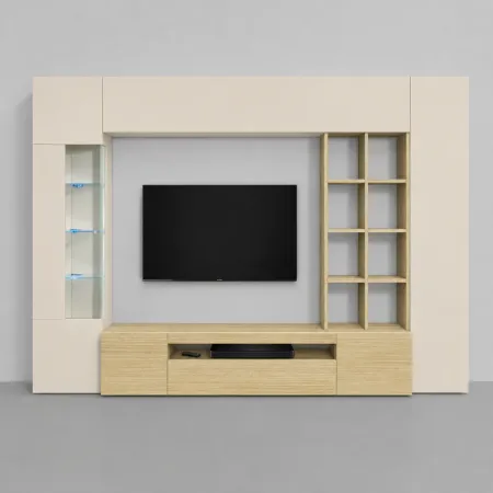 Parete Soggiorno Attrezzata Porta TV Vetrina Libreria Beige Rovere