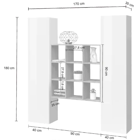 Parete Attrezzata Libreria Soggiorno Bianco Lucido Rovere 170 cm