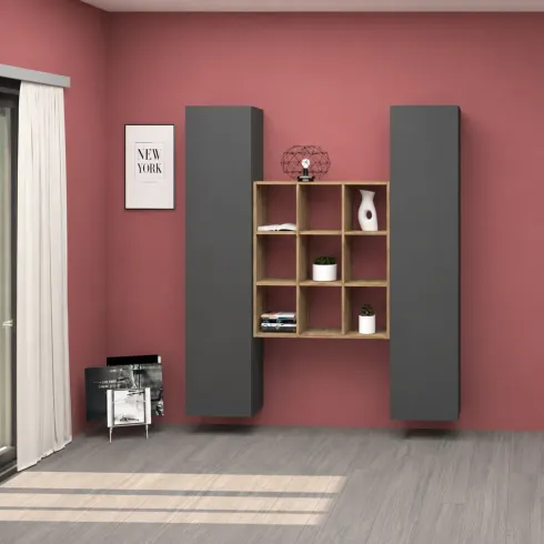 Parete Attrezzata Libreria per Soggiorno Antracite Opaco Rovere 170 cm