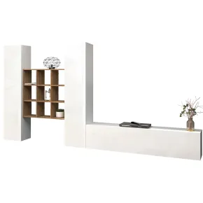 Parete Soggiorno Attrezzata 350 cm TV Colonne Libreria Bianco Rovere