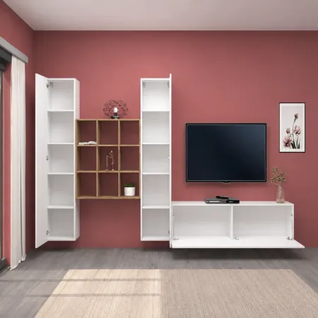 Parete Soggiorno Attrezzata 350 cm TV Colonne Libreria Bianco Rovere