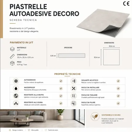 Set 22 Piastrelle Autoadesive PVC Effetto Marmo Grigio Muro Pavimento