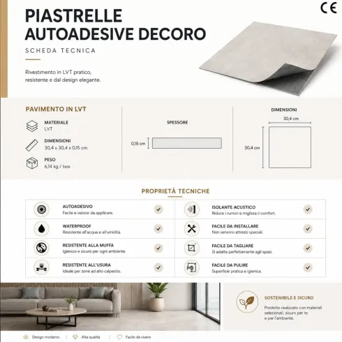 Set 22 Piastrelle per Parete Pavimento LTV PVC Effetto Maiolica Creta