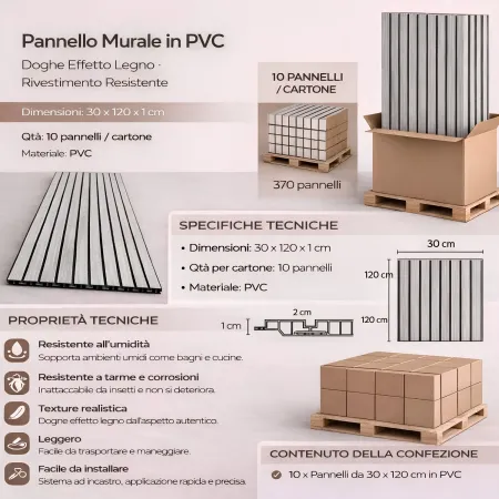 Set 10 Pannelli Murali in PVC Effetto Doghe Legno 30x120cm a Incastro