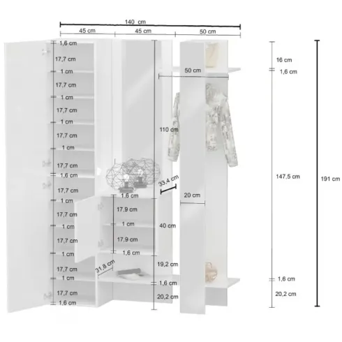Mobile da Ingresso con Scarpiera Appendiabiti Specchio Bianco Lucido