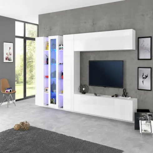 Parete Attrezzata Soggiorno Asimmetrica 340cm Colonne Vetrina Porta Tv