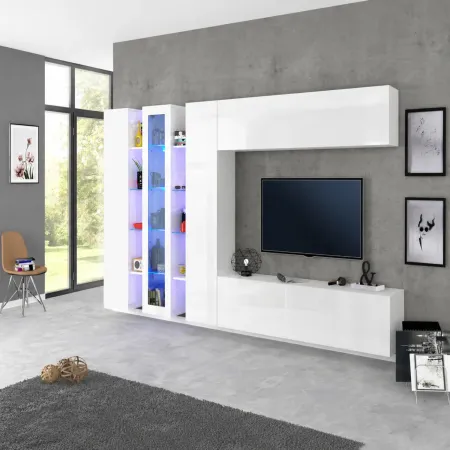 Parete Attrezzata Soggiorno Asimmetrica 340cm Colonne Vetrina Porta Tv