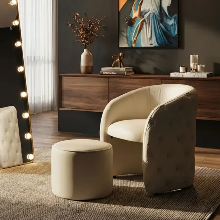 Poltrona con Pouf Poggiapiedi Bianco Similpelle per Soggiorno Camera