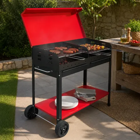 Barbecue Carbonella con Coperchio Ruote Doppia Griglia Rosso Portatile