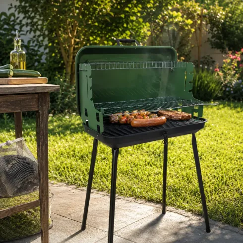 Barbecue a Carbonella Verde a Valigetta con Griglia Regolabile 49x30 cm