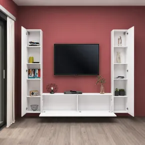Parete per Soggiorno da Pavimento Sospesa Bianco Lucido Mobile TV 2