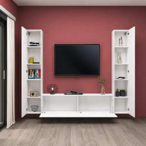 Parete per Soggiorno da Pavimento Sospesa Bianco Lucido Mobile TV