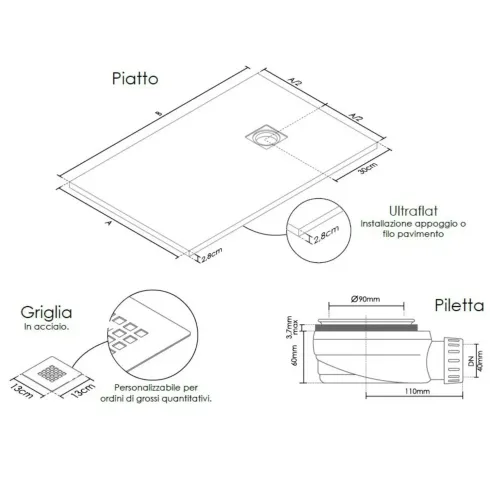 Piatto Doccia Bianco Ardesia Slim Effetto Pietra Filo Pavimento in Marmo Resina