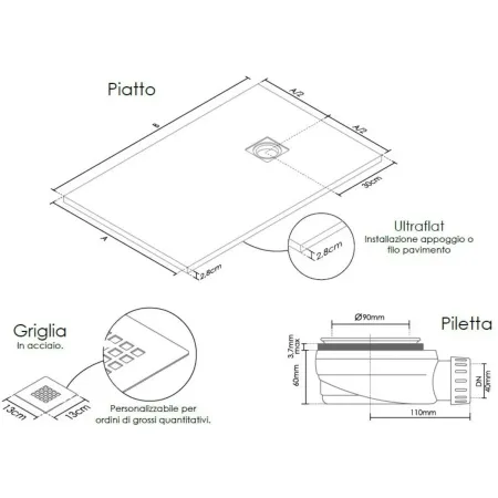 Piatto Doccia Nero Effetto Pietra Slim Filo Pavimento 70 80 100 120 140 Piletta