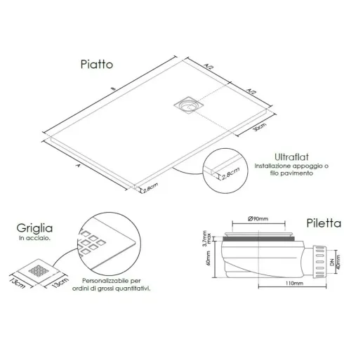 Piatto Doccia Rettangolare 70 80 90 100 120 Effetto Pietra Ultra Slim Avorio