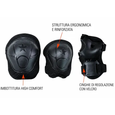 Set Protezioni Bambini Nero con Ginocchiere Gomitiere Parapolsi