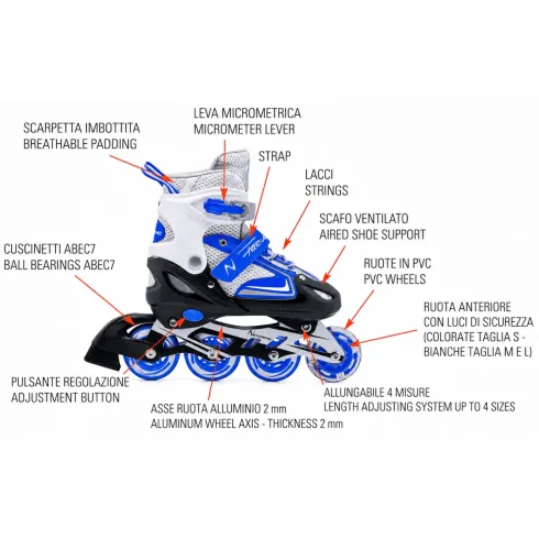 Pattini per Bambini in Linea Regolabili 34-37 Blu Cuscinetti ABEC 7